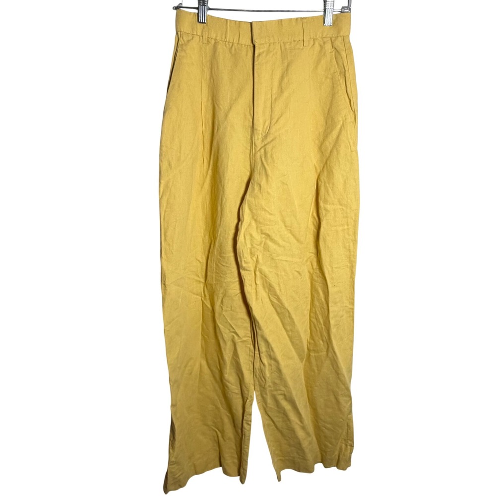 Zara Yellow Linen Cotton Wide Leg‎ Pants High Waisted Womens Size Small S 26